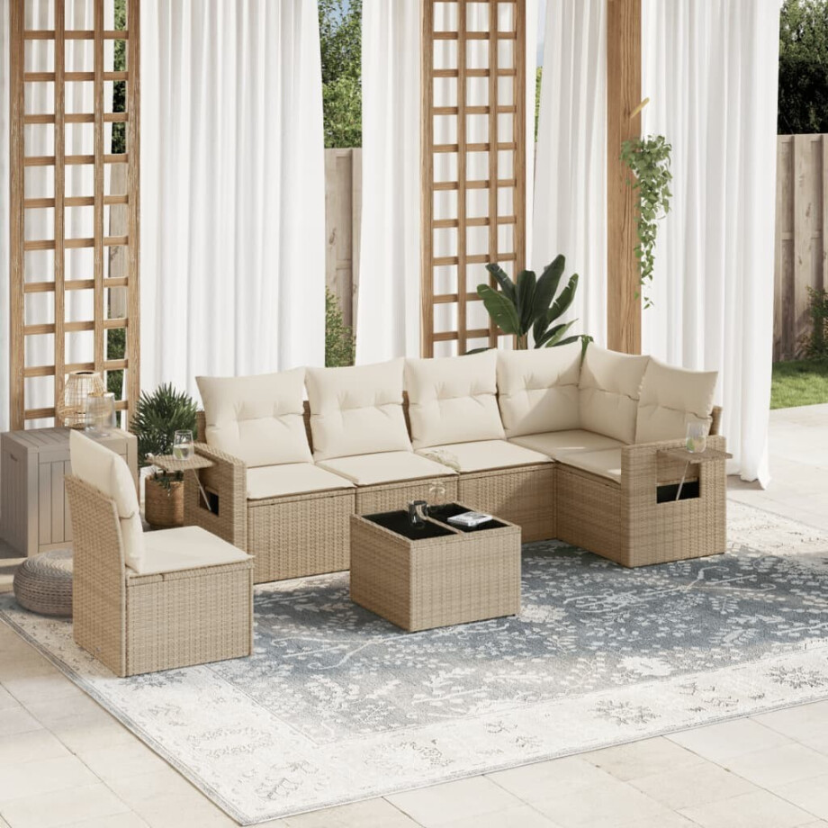 vidaXL 7-delige Loungeset met kussens poly rattan beige vidaXL 7-delige Loungeset met kussens poly rattan beige afbeelding 1