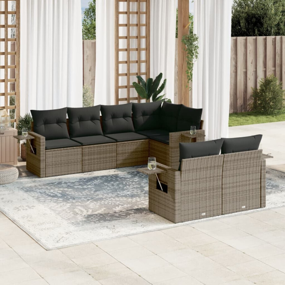 vidaXL 7-delige Loungeset met kussens poly rattan grijs afbeelding 1