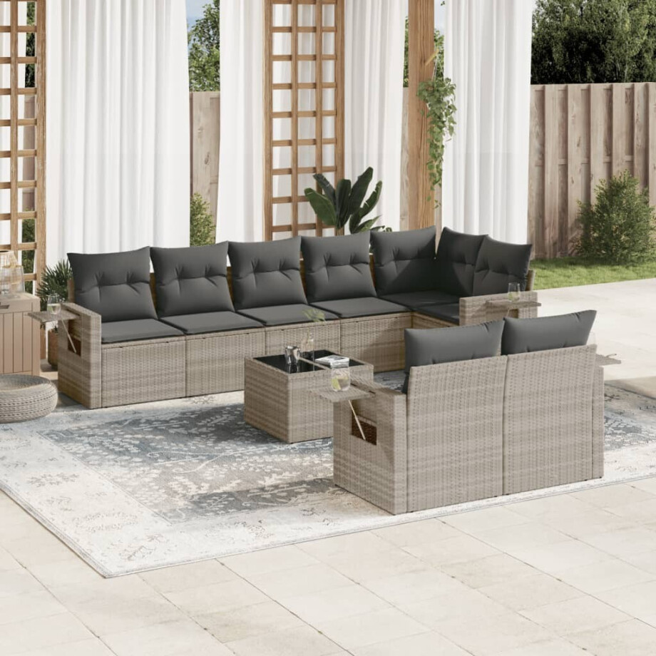 vidaXL 9-delige Loungeset met kussens poly rattan lichtgrijs afbeelding 1