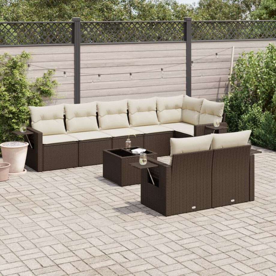 vidaXL 9-delige Loungeset met kussens poly rattan bruin vidaXL 9-delige Loungeset met kussens poly rattan bruin afbeelding 1