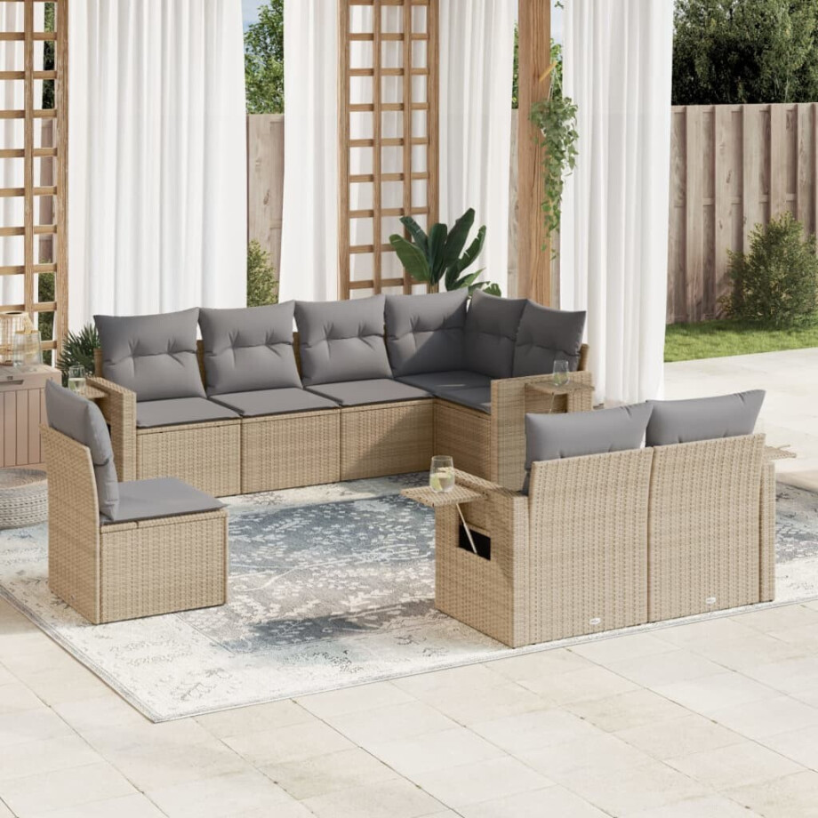 vidaXL 8-delige Loungeset met kussens poly rattan beige afbeelding 1