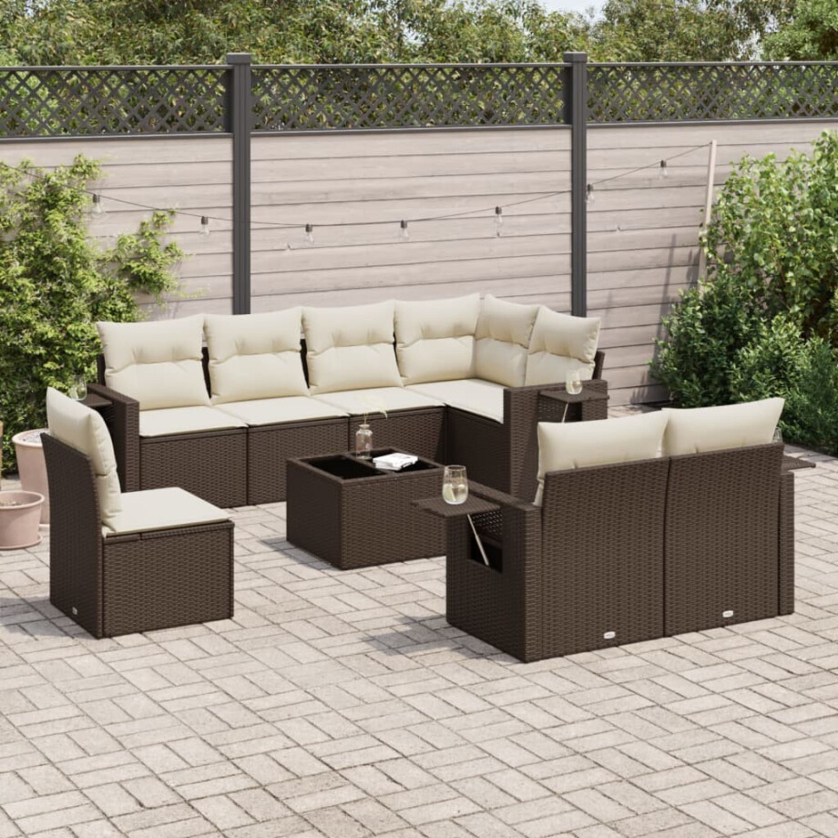 vidaXL 9-delige Loungeset met kussens poly rattan bruin afbeelding 1