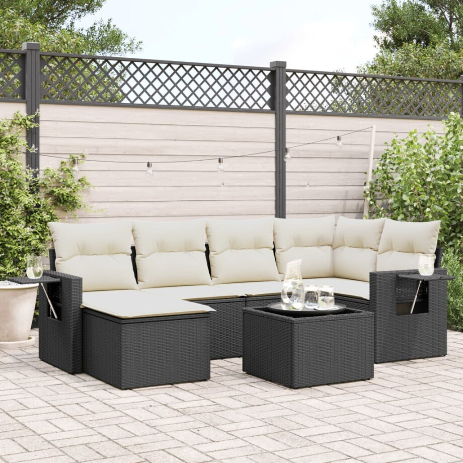 vidaXL 7-delige Loungeset met kussens poly rattan zwart afbeelding 1