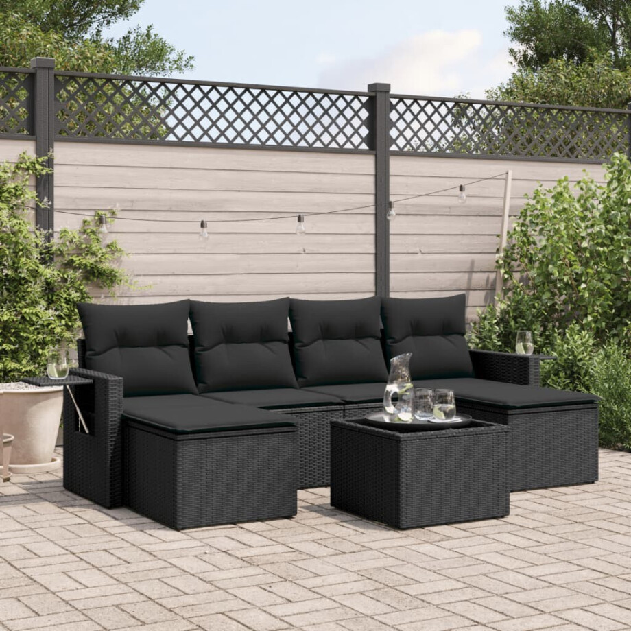 vidaXL 7-delige Loungeset met kussens poly rattan zwart vidaXL 7-delige Loungeset met kussens poly rattan zwart afbeelding 1