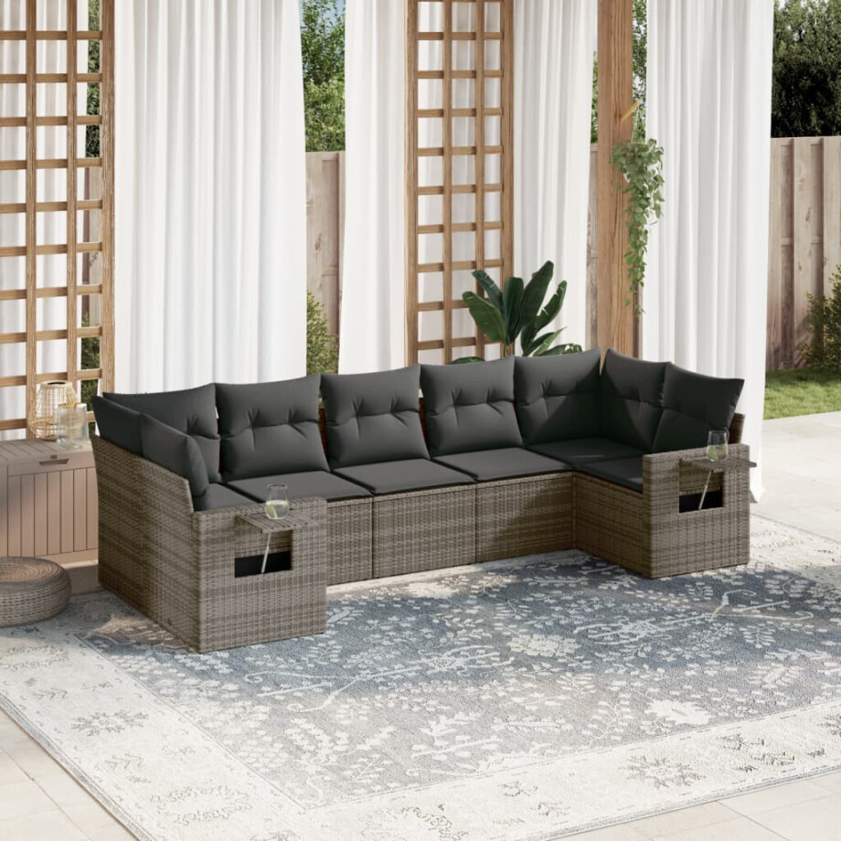 vidaXL 7-delige Loungeset met kussens poly rattan grijs afbeelding 1