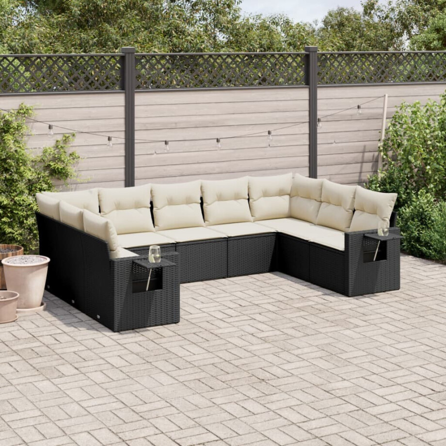 vidaXL 9-delige Loungeset met kussens poly rattan zwart vidaXL 9-delige Loungeset met kussens poly rattan zwart afbeelding 1