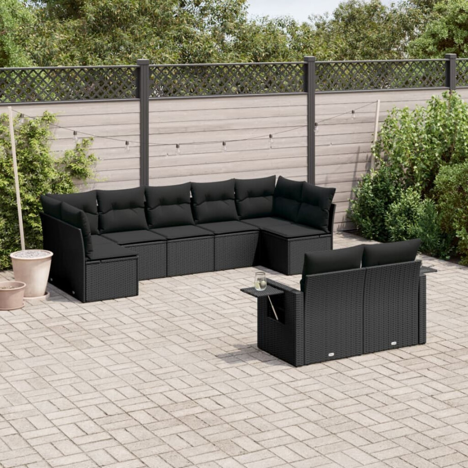 vidaXL 9-delige Loungeset met kussens poly rattan zwart vidaXL 9-delige Loungeset met kussens poly rattan zwart afbeelding 1