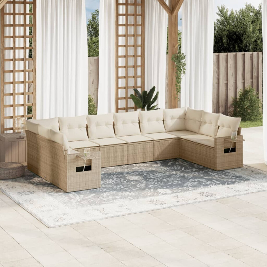 vidaXL 10-delige Loungeset met kussens poly rattan beige vidaXL 10-delige Loungeset met kussens poly rattan beige afbeelding 1