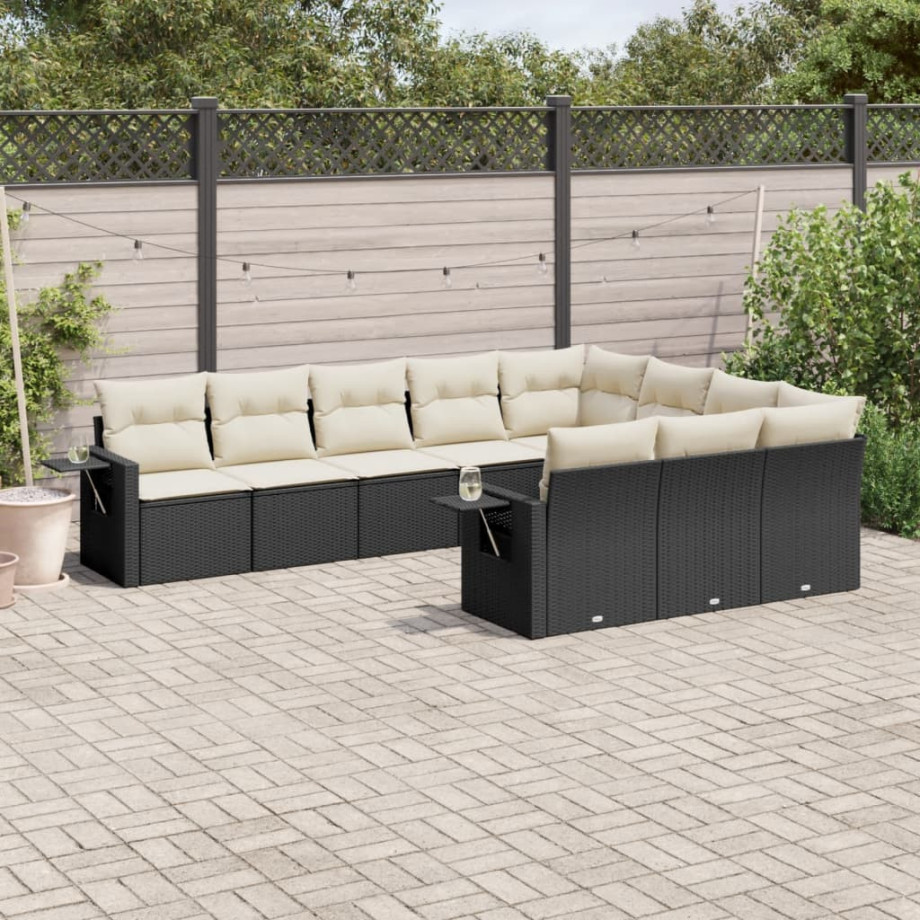 vidaXL 10-delige Loungeset met kussens poly rattan zwart afbeelding 1