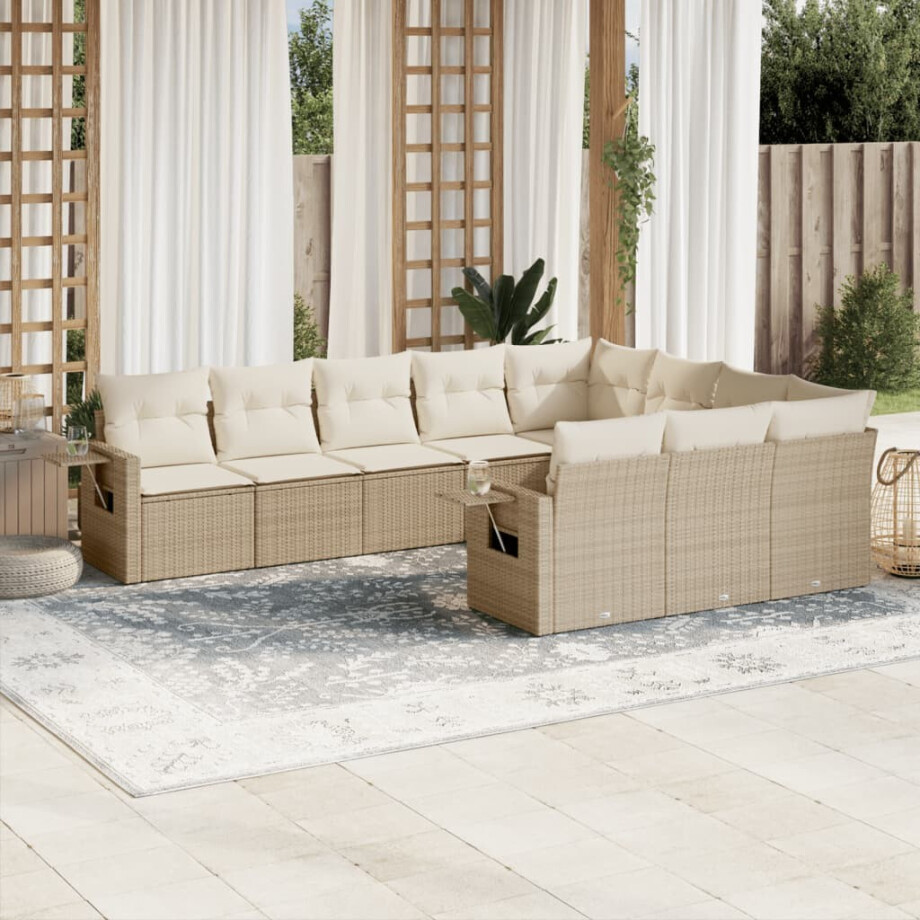 vidaXL 10-delige Loungeset met kussens poly rattan beige vidaXL 10-delige Loungeset met kussens poly rattan beige afbeelding 1