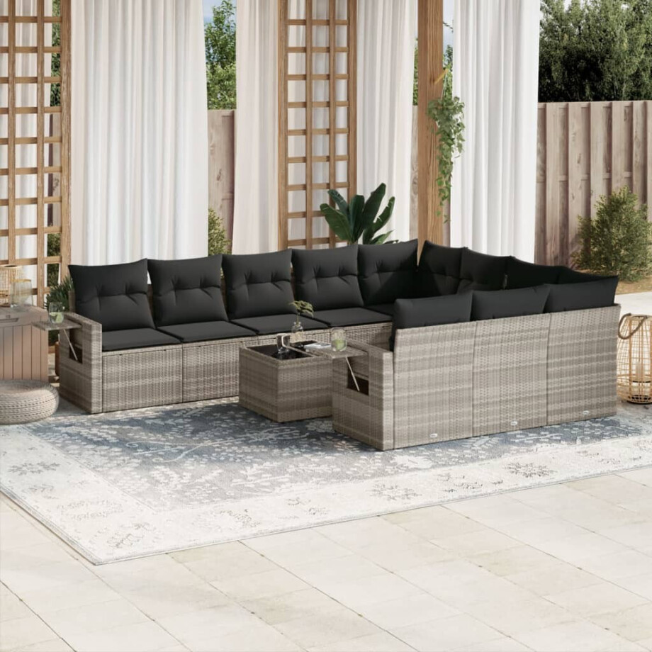 vidaXL 11-delige Loungeset met kussens poly rattan lichtgrijs afbeelding 1