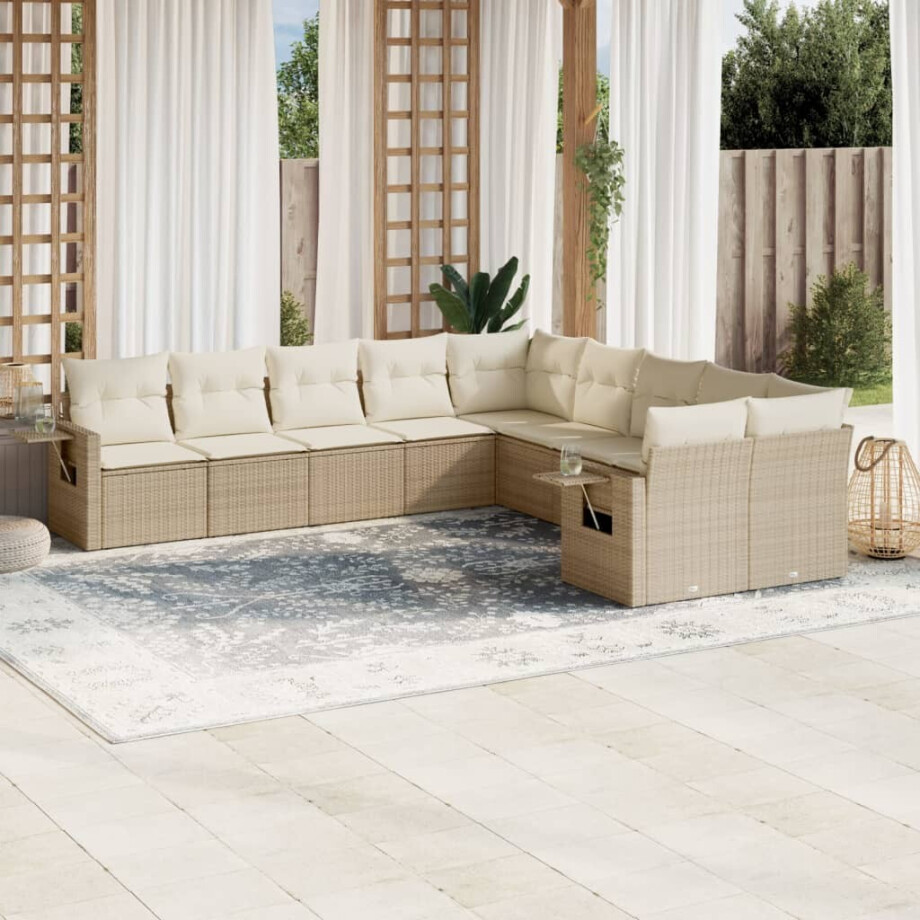 vidaXL 10-delige Loungeset met kussens poly rattan beige vidaXL 10-delige Loungeset met kussens poly rattan beige afbeelding 1