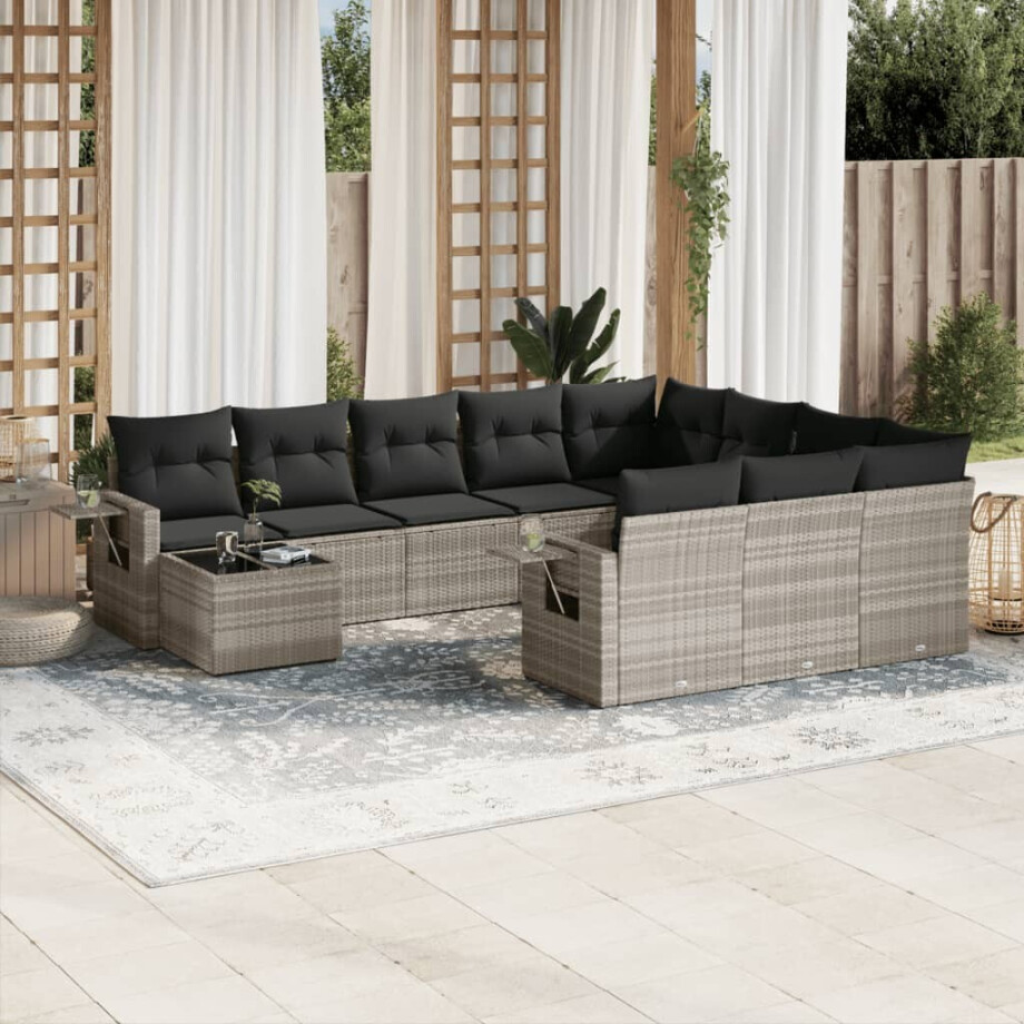 vidaXL 11-delige Loungeset met kussens poly rattan lichtgrijs afbeelding 1