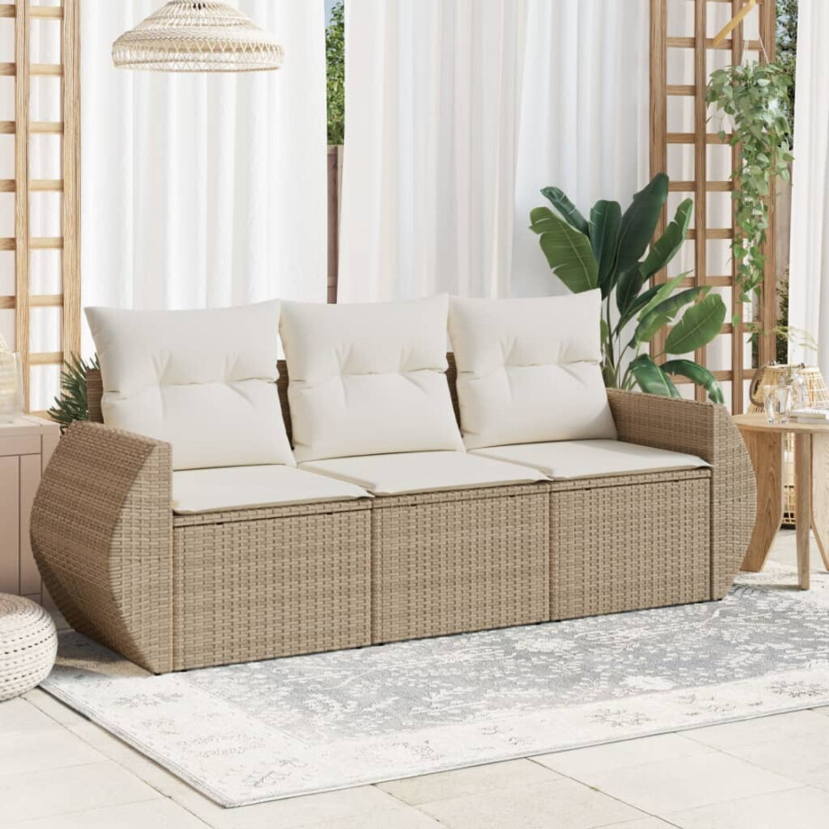 vidaXL 3-delige Loungeset met kussens poly rattan beige afbeelding 1
