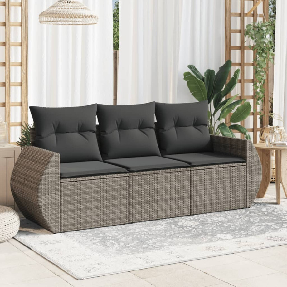 vidaXL 3-delige Loungeset met kussens poly rattan grijs afbeelding 1