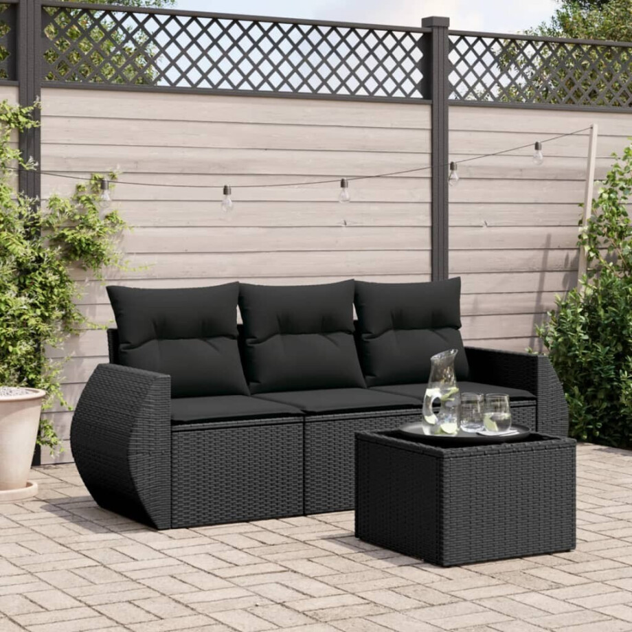 vidaXL 4-delige Loungeset met kussens poly rattan zwart afbeelding 1