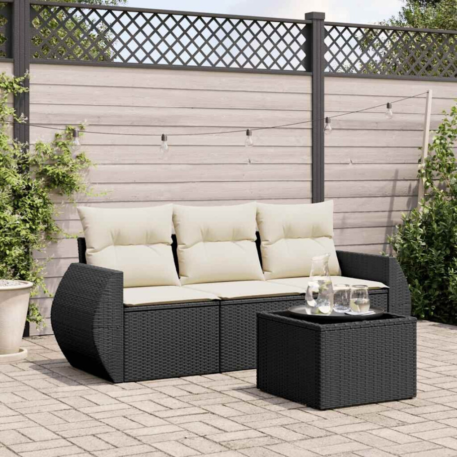 vidaXL 4-delige Loungeset met kussens poly rattan zwart afbeelding 1