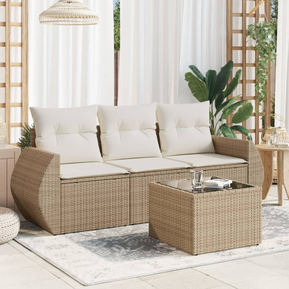 vidaXL 4-delige Loungeset met kussens poly rattan beige afbeelding 1