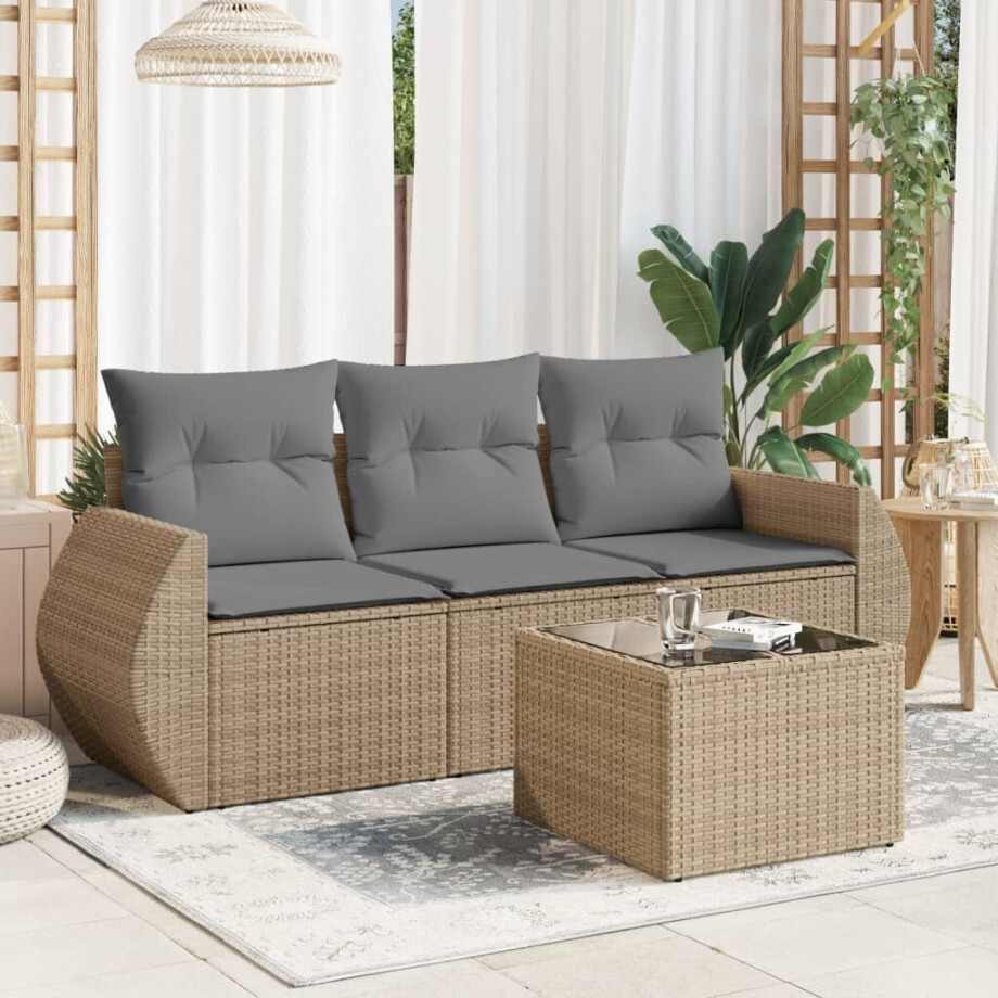 vidaXL 4-delige Loungeset met kussens poly rattan beige afbeelding 1