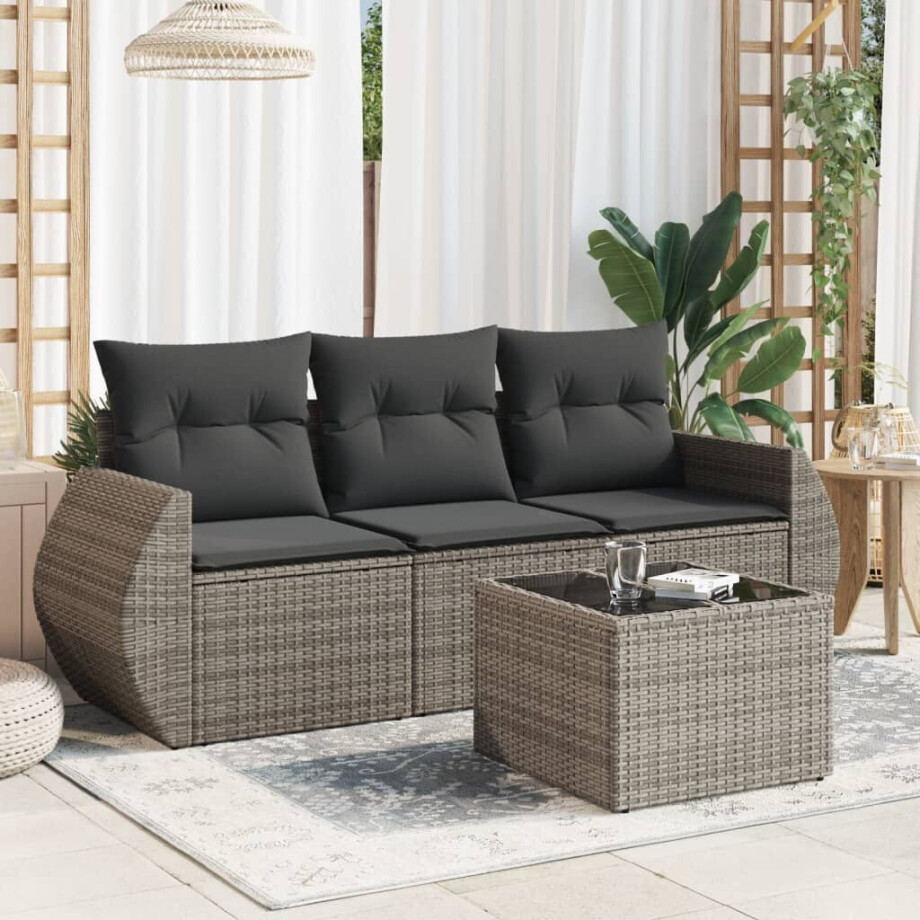 vidaXL 4-delige Loungeset met kussens poly rattan grijs afbeelding 1