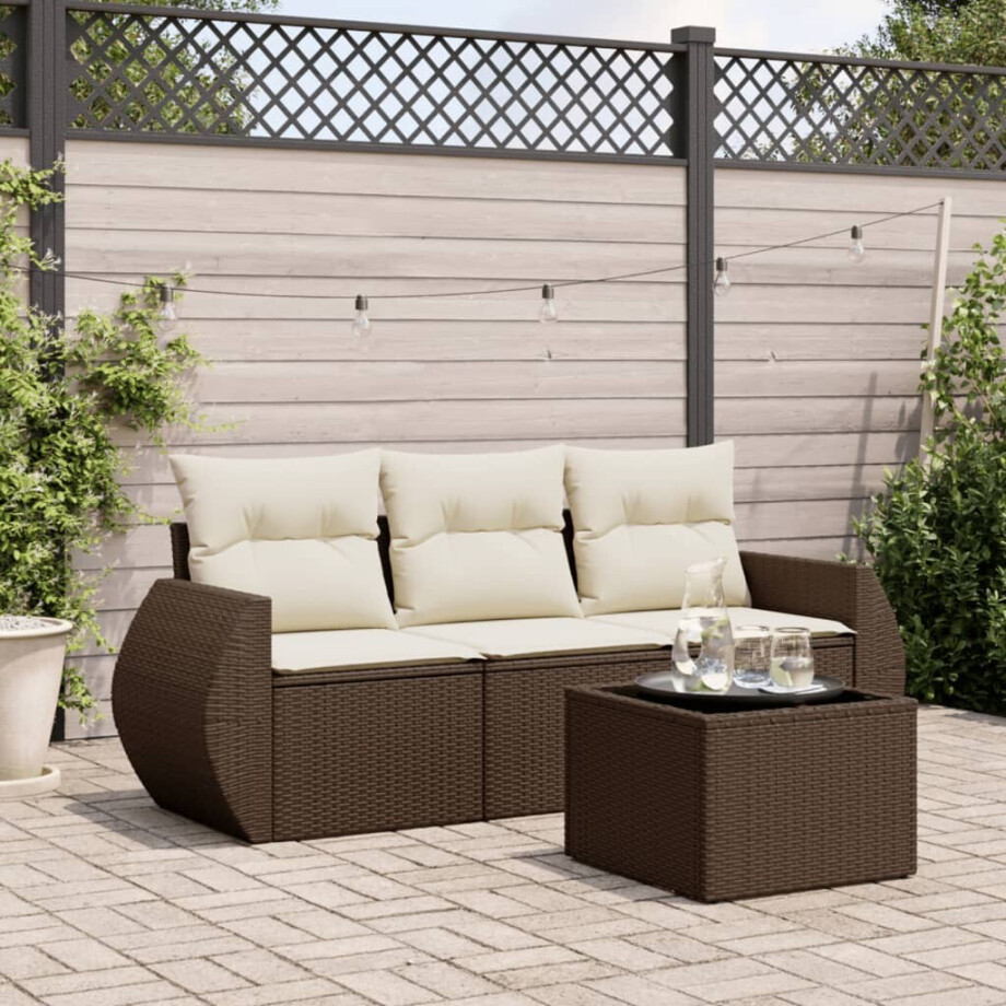 vidaXL 4-delige Loungeset met kussens poly rattan bruin afbeelding 1
