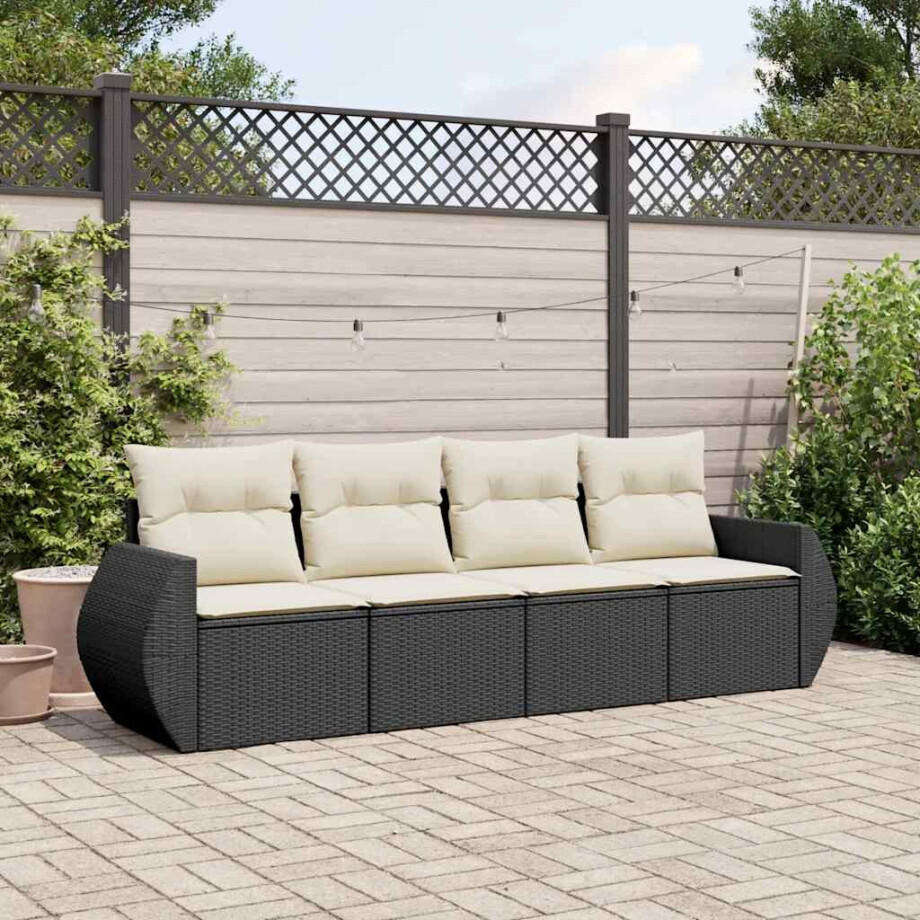 vidaXL 4-delige Loungeset met kussens poly rattan zwart afbeelding 1