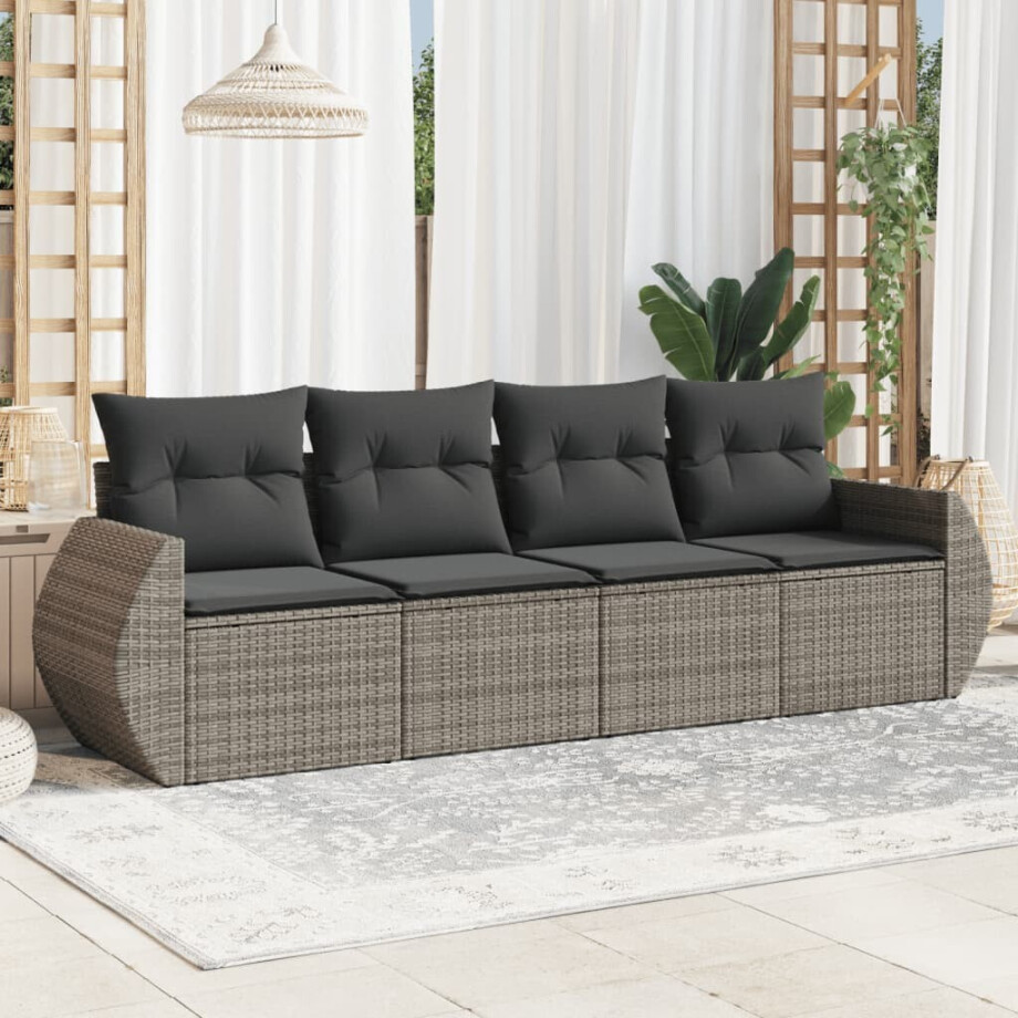 vidaXL 4-delige Loungeset met kussens poly rattan grijs afbeelding 1
