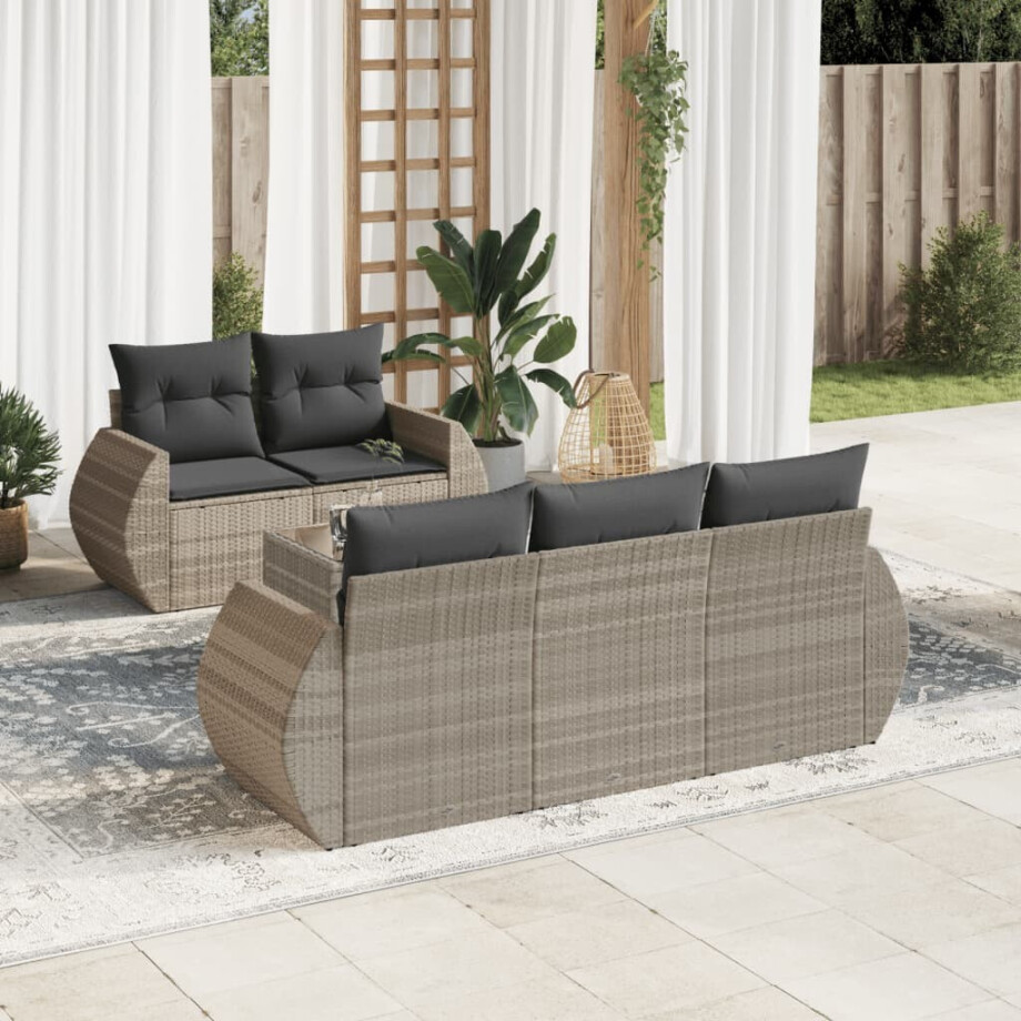 vidaXL 6-delige Loungeset met kussens poly rattan lichtgrijs afbeelding 1