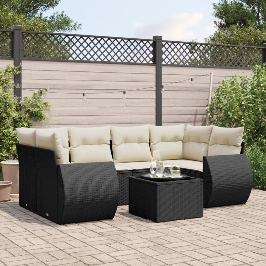 vidaXL 7-delige Loungeset met kussens poly rattan zwart vidaXL 7-delige Loungeset met kussens poly rattan zwart afbeelding 1
