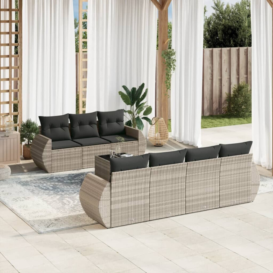 vidaXL 8-delige Loungeset met kussens poly rattan lichtgrijs afbeelding 1