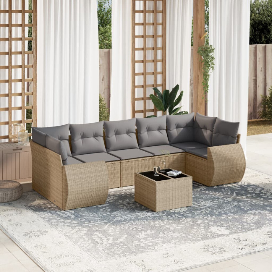 vidaXL 8-delige Loungeset met kussens poly rattan beige afbeelding 1
