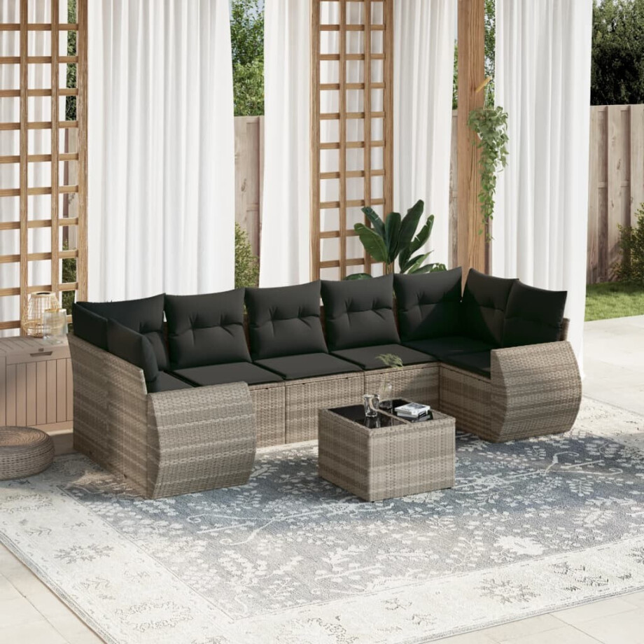 vidaXL 8-delige Loungeset met kussens poly rattan lichtgrijs afbeelding 1