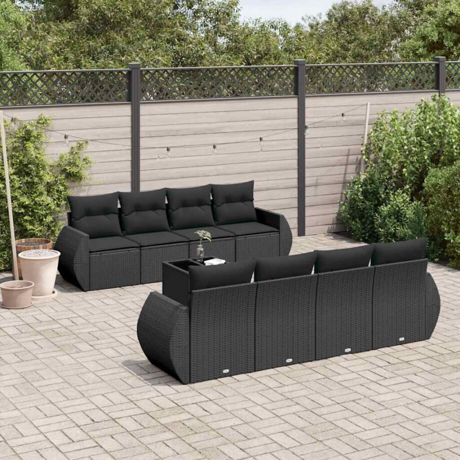 vidaXL 9-delige Loungeset met kussens poly rattan zwart vidaXL 9-delige Loungeset met kussens poly rattan zwart afbeelding 1