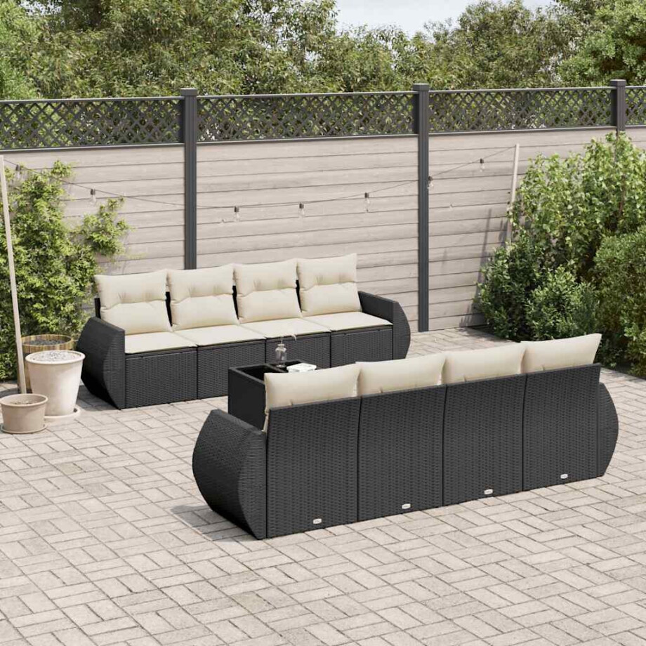 vidaXL 9-delige Loungeset met kussens poly rattan zwart vidaXL 9-delige Loungeset met kussens poly rattan zwart afbeelding 1