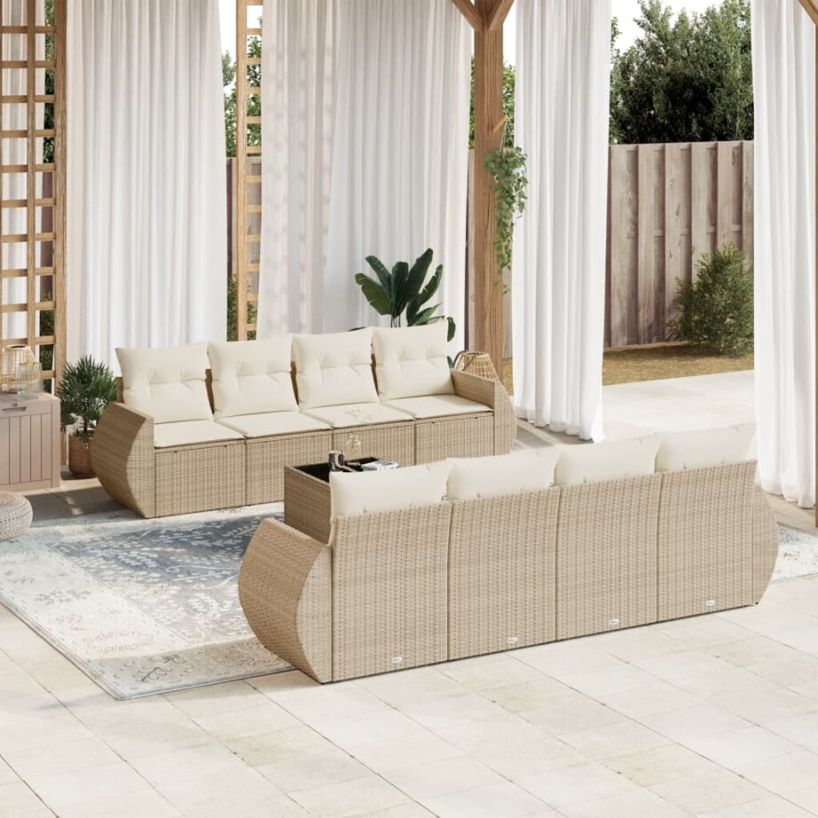 vidaXL 9-delige Loungeset met kussens poly rattan beige afbeelding 1