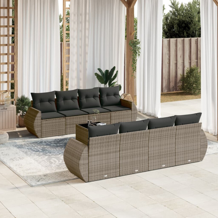 vidaXL 9-delige Loungeset met kussens poly rattan grijs afbeelding 1