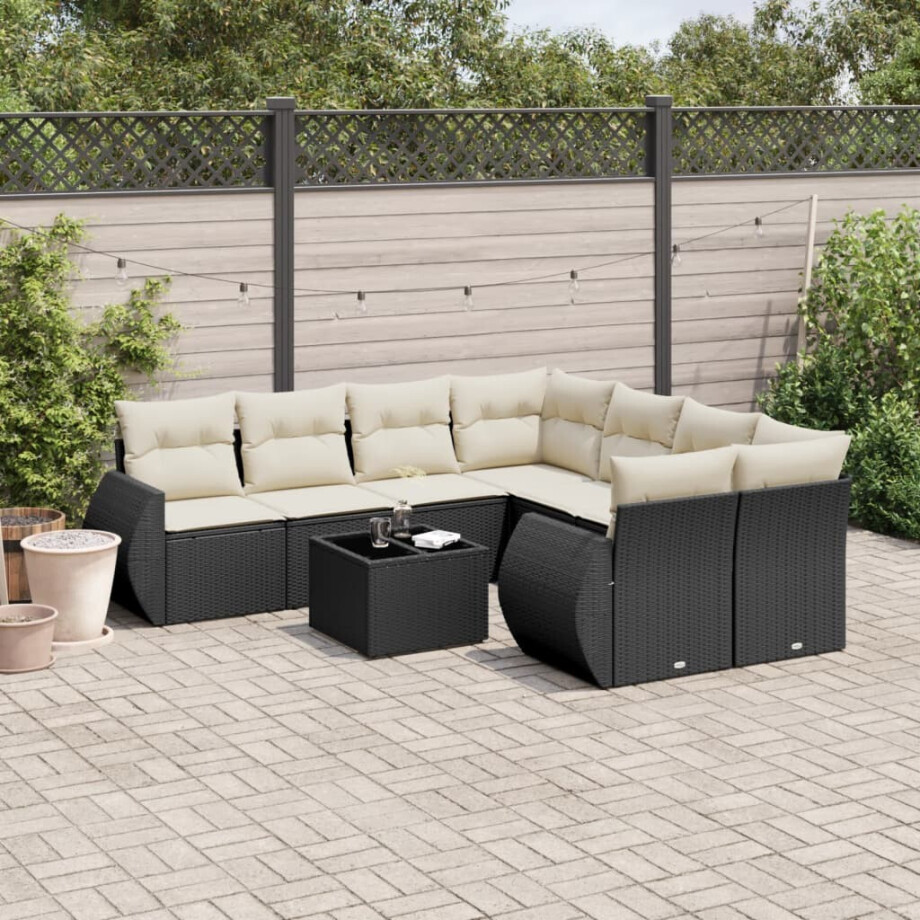 vidaXL 9-delige Loungeset met kussens poly rattan zwart vidaXL 9-delige Loungeset met kussens poly rattan zwart afbeelding 1