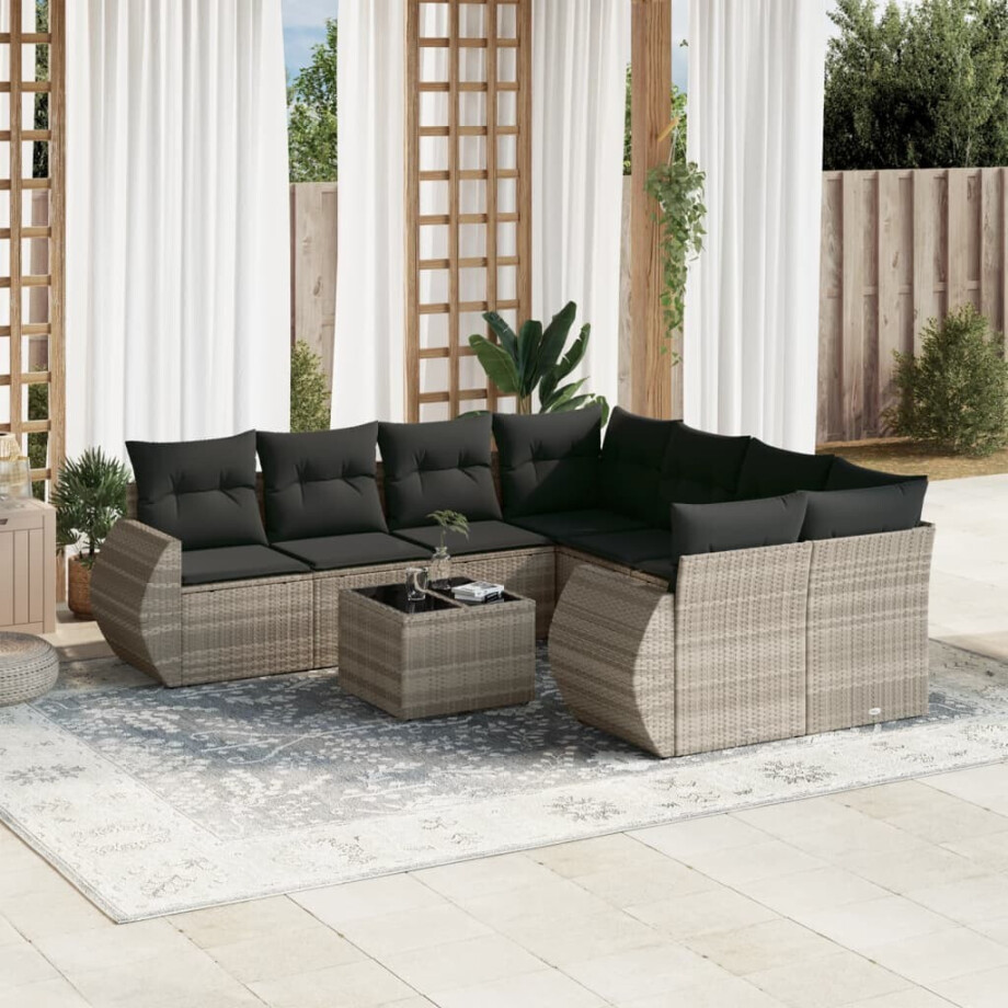 vidaXL 9-delige Loungeset met kussens poly rattan lichtgrijs afbeelding 1
