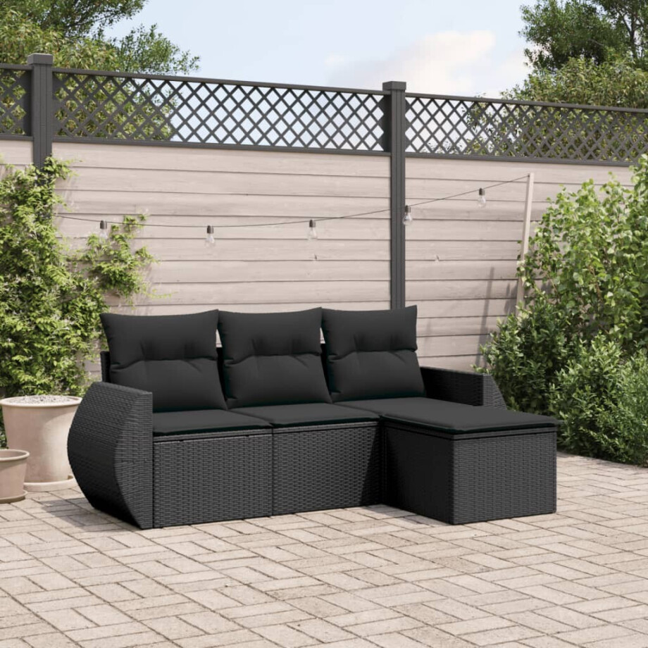 vidaXL 4-delige Loungeset met kussens poly rattan zwart afbeelding 1