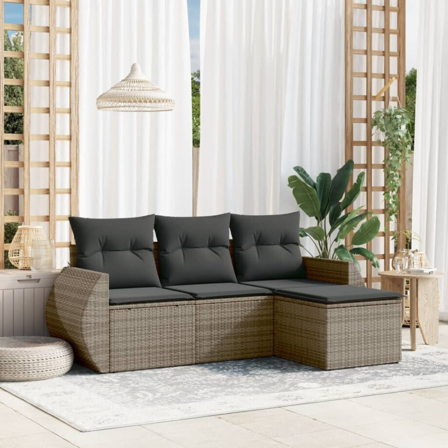 vidaXL 4-delige Loungeset met kussens poly rattan grijs vidaXL 4-delige Loungeset met kussens poly rattan grijs afbeelding 1