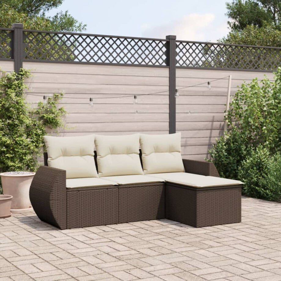 vidaXL 4-delige Loungeset met kussens poly rattan bruin afbeelding 1