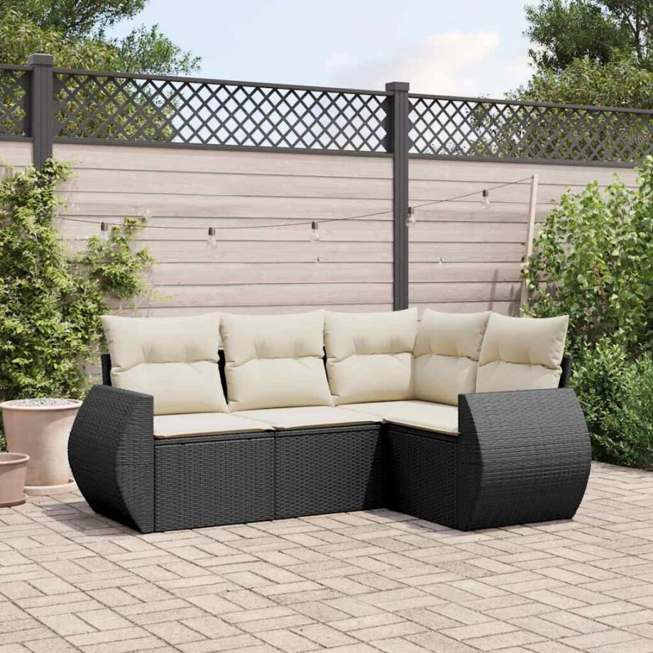 vidaXL 4-delige Loungeset met kussens poly rattan zwart afbeelding 1