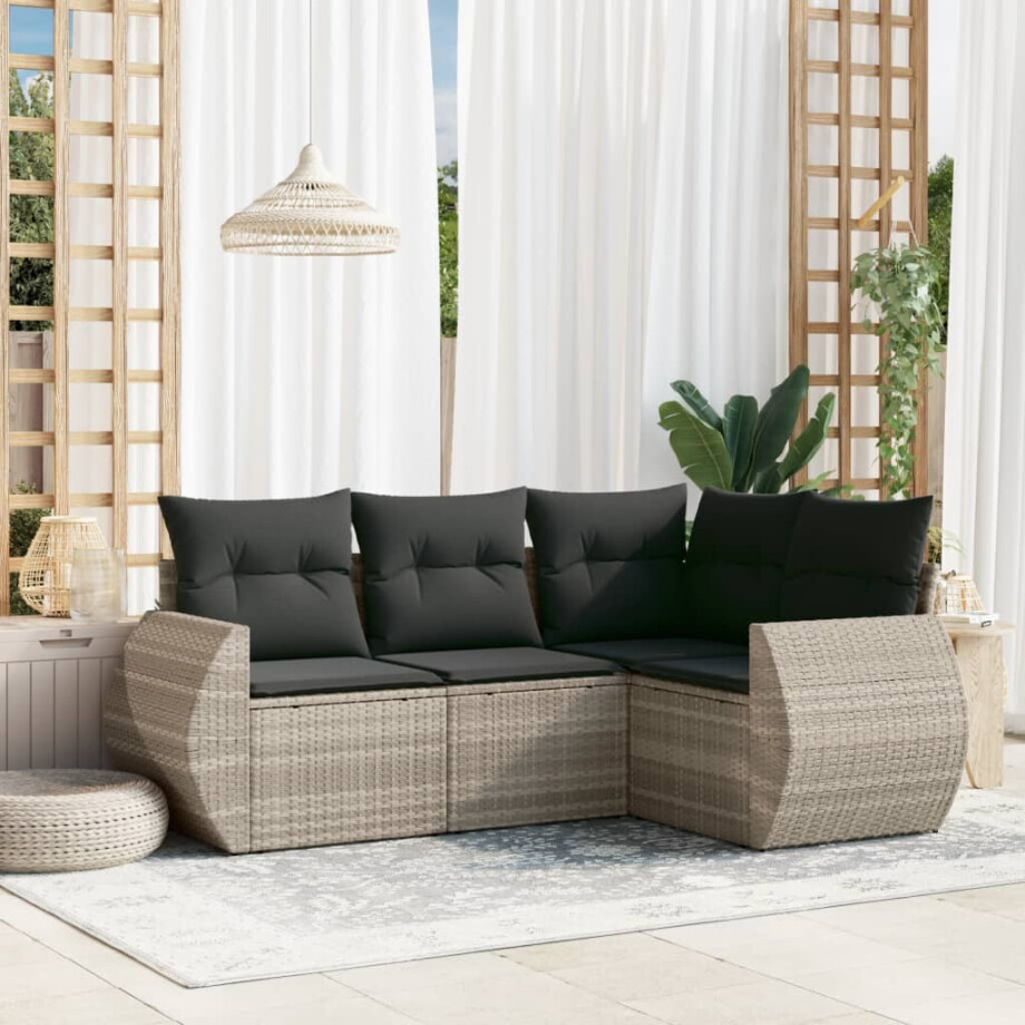 vidaXL 4-delige Loungeset met kussens poly rattan lichtgrijs vidaXL 4-delige Loungeset met kussens poly rattan lichtgrijs afbeelding 1