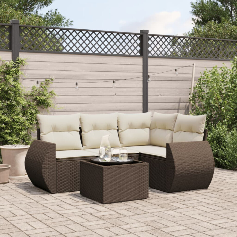 vidaXL 5-delige Loungeset met kussens poly rattan bruin vidaXL 5-delige Loungeset met kussens poly rattan bruin afbeelding 1