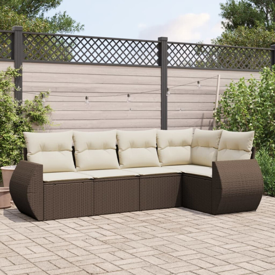 vidaXL 5-delige Loungeset met kussens poly rattan bruin afbeelding 1
