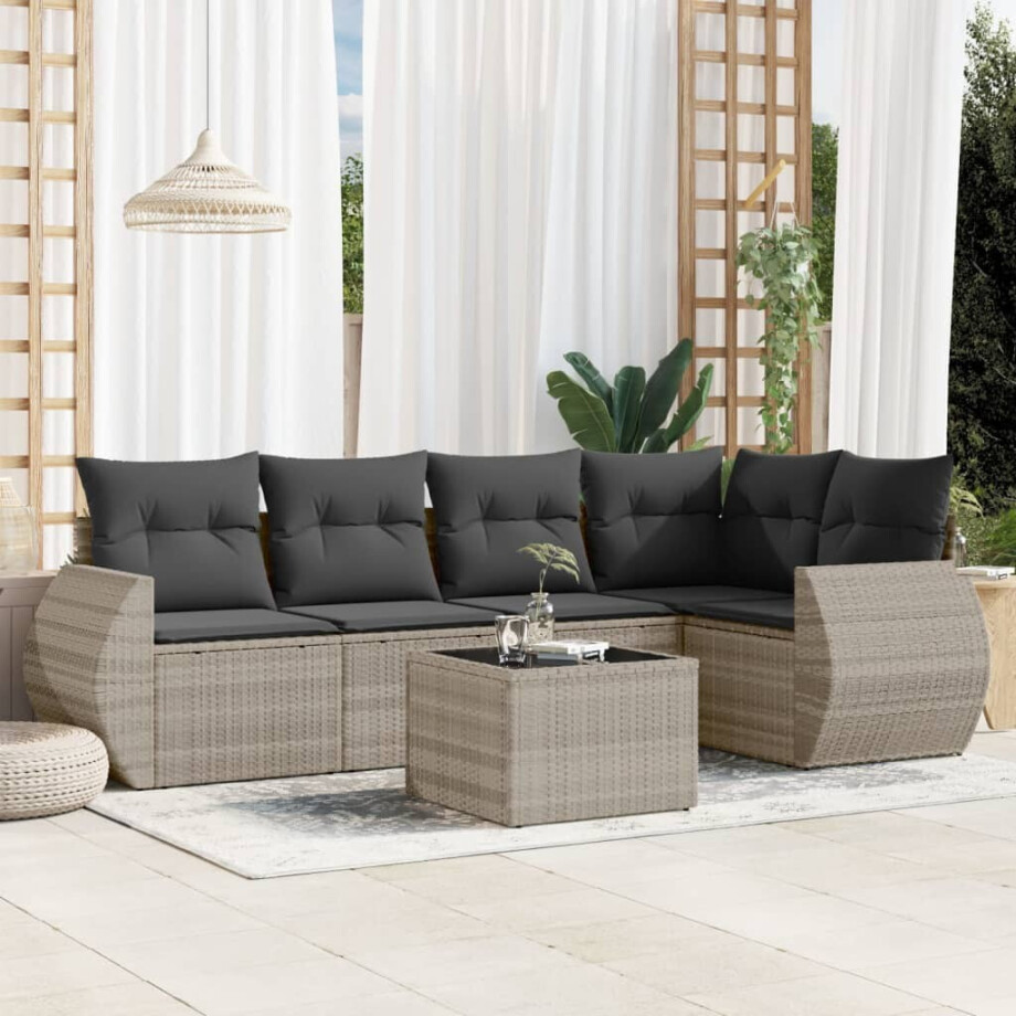 vidaXL 6-delige Loungeset met kussens poly rattan lichtgrijs afbeelding 1