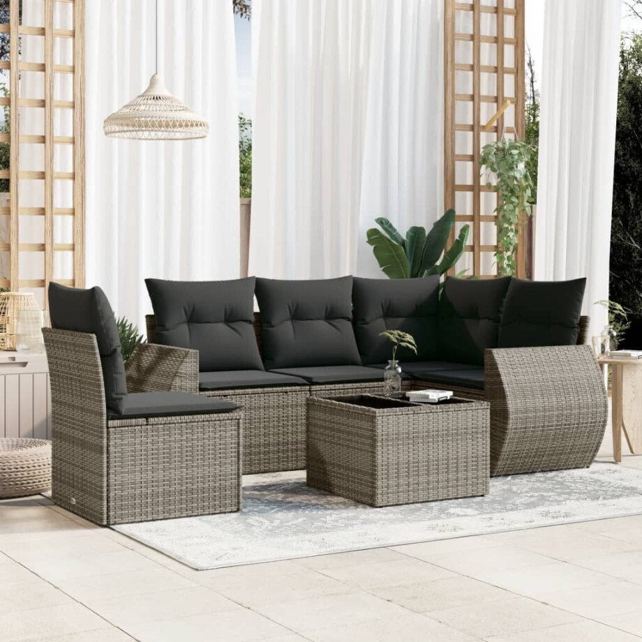 vidaXL 6-delige Loungeset met kussens poly rattan grijs afbeelding 1