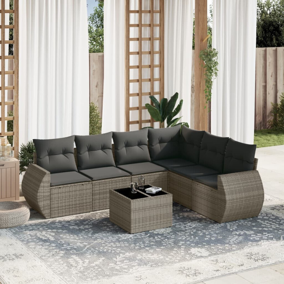vidaXL 7-delige Loungeset met kussens poly rattan grijs afbeelding 1