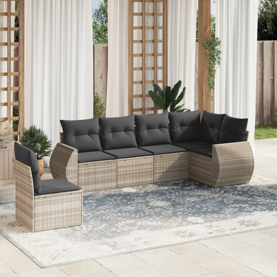 vidaXL 6-delige Loungeset met kussens poly rattan lichtgrijs afbeelding 1