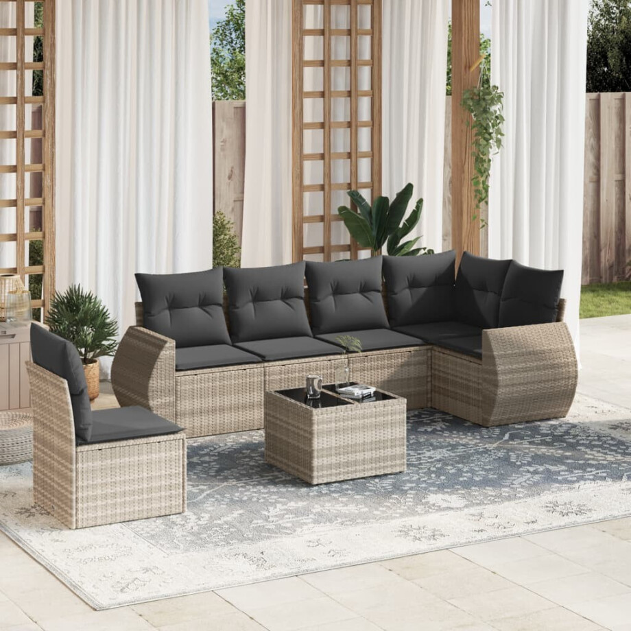 vidaXL 7-delige Loungeset met kussens poly rattan lichtgrijs afbeelding 1